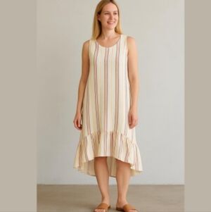 SOLITAIRE | Striped Midi Dress Hi-lo Ruffled Hem Sleeveless Ivory Red Blue Sz L